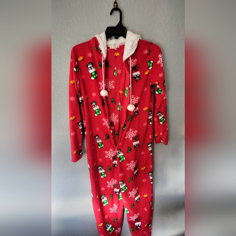 Merry Christmas by Poof New York Women’s hooded dog Zip Up Pajamas Fleece